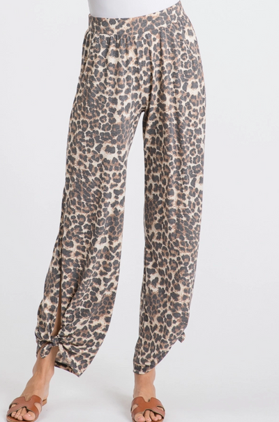 Leopard Print Lightweight Split Side Ankle Tie Pants