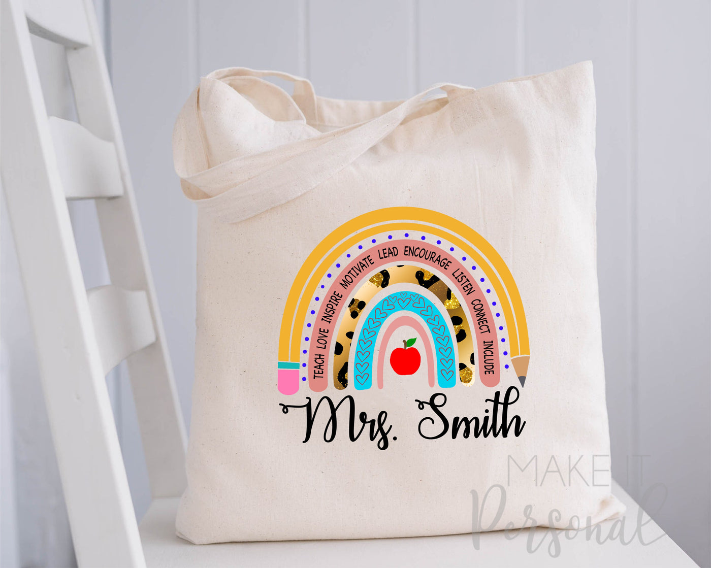 Personalized Teacher Tote Pencil Rainbow